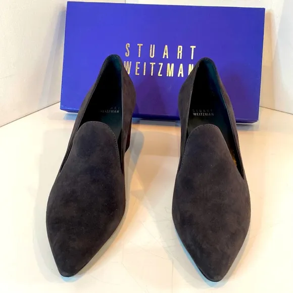 Stuart Weitzman Charcoal Suede Rounded Block Heel Pumps BNIB Narrow Size 8.5N