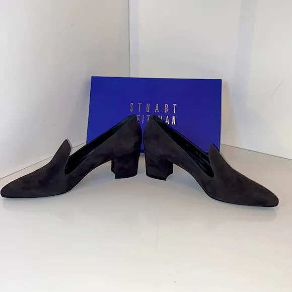 Stuart Weitzman Charcoal Suede Rounded Block Heel Pumps BNIB Narrow Size 8.5N