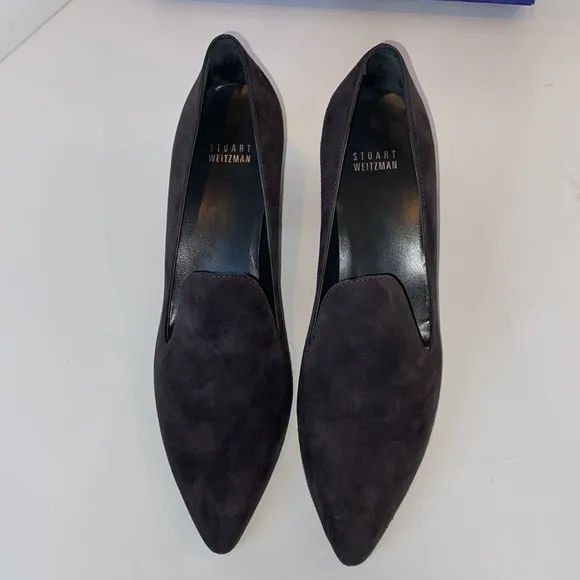 Stuart Weitzman Charcoal Suede Rounded Block Heel Pumps BNIB Narrow Size 8.5N