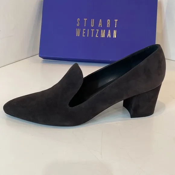 Stuart Weitzman Charcoal Suede Rounded Block Heel Pumps BNIB Narrow Size 8.5N