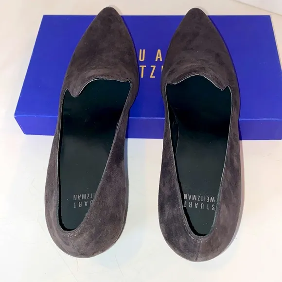Stuart Weitzman Charcoal Suede Rounded Block Heel Pumps BNIB Narrow Size 8.5N