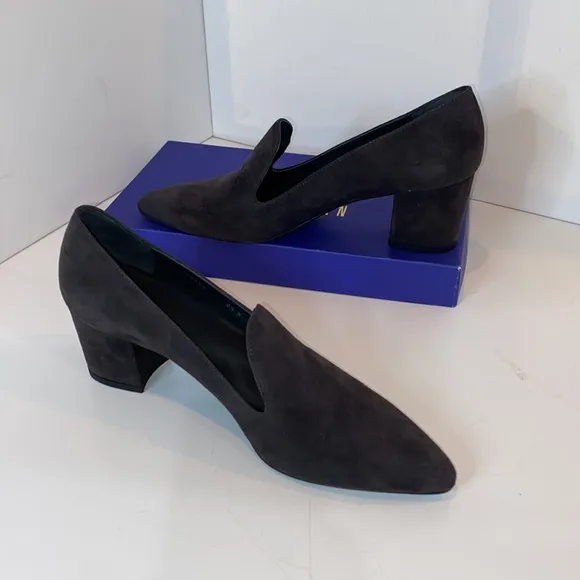 Stuart Weitzman Charcoal Suede Rounded Block Heel Pumps BNIB Narrow Size 8.5N