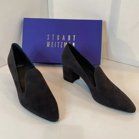 Stuart Weitzman Charcoal Suede Rounded Block Heel Pumps BNIB Narrow Size 8.5N