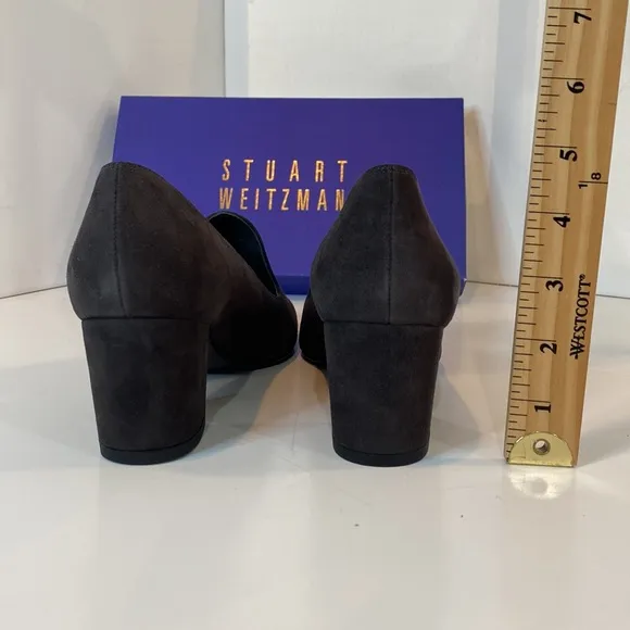 Stuart Weitzman Charcoal Suede Rounded Block Heel Pumps BNIB Narrow Size 8.5N