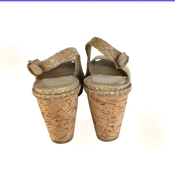 Stuart Weitzman Cream Snakeskin Leather Cork Wedge Sandals Women’s Size 8