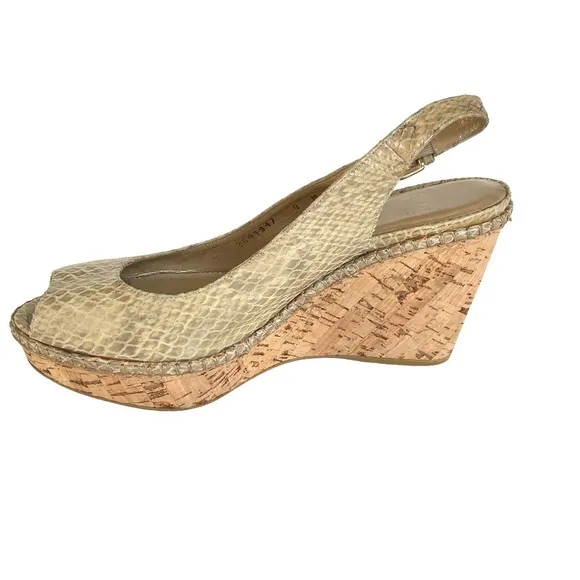 Stuart Weitzman Cream Snakeskin Leather Cork Wedge Sandals Women’s Size 8
