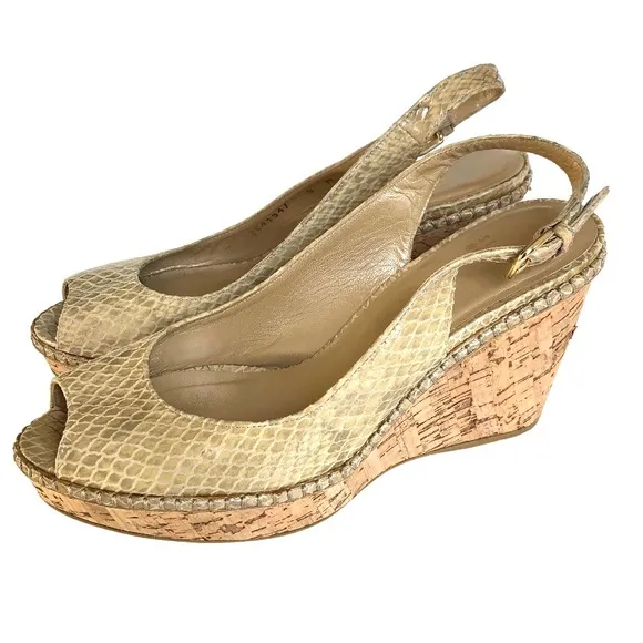 Stuart Weitzman Cream Snakeskin Leather Cork Wedge Sandals Women’s Size 8