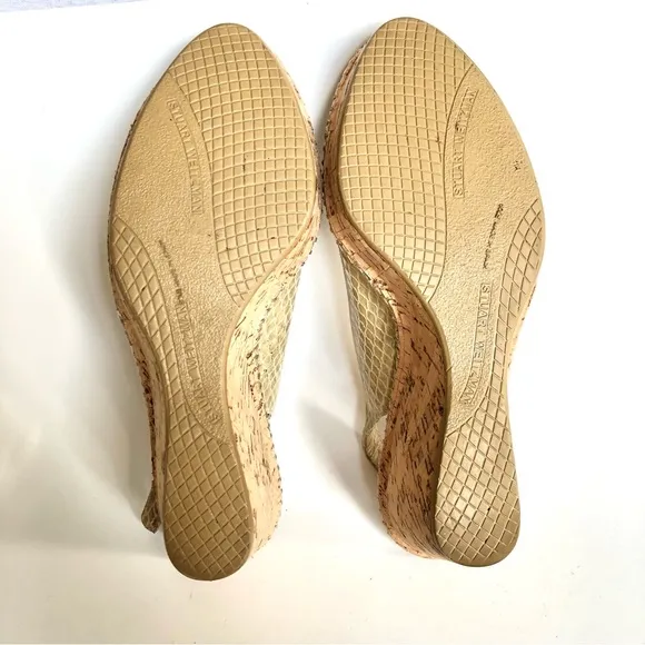 Stuart Weitzman Cream Snakeskin Leather Cork Wedge Sandals Women’s Size 8