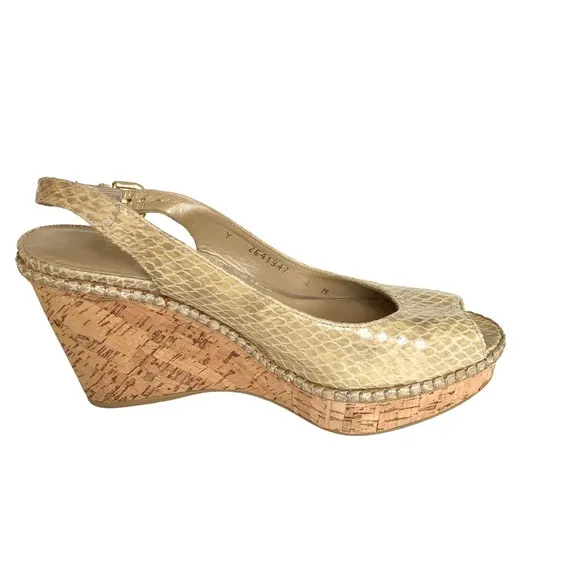 Stuart Weitzman Cream Snakeskin Leather Cork Wedge Sandals Women’s Size 8