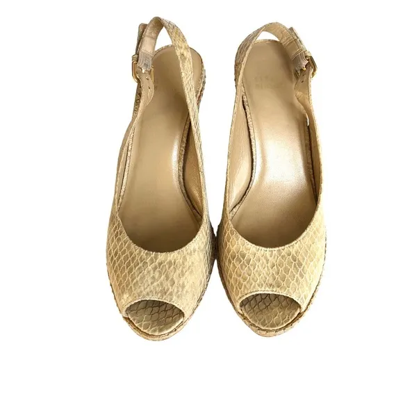 Stuart Weitzman Cream Snakeskin Leather Cork Wedge Sandals Women’s Size 8