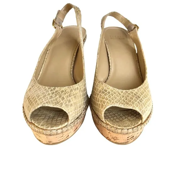 Stuart Weitzman Cream Snakeskin Leather Cork Wedge Sandals Women’s Size 8