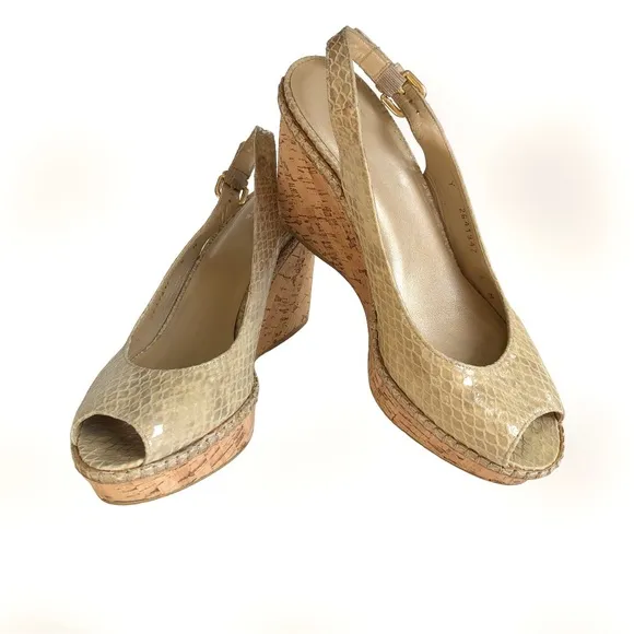 Stuart Weitzman Cream Snakeskin Leather Cork Wedge Sandals Women’s Size 8