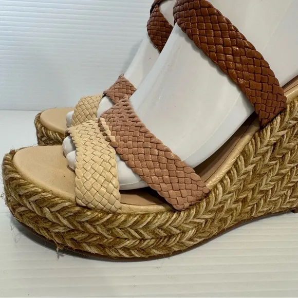 Stuart Weitzman Elsie Tan Leather Espadrille Wedge Sandals Size 8