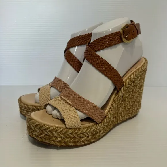 Stuart Weitzman Elsie Tan Leather Espadrille Wedge Sandals Size 8