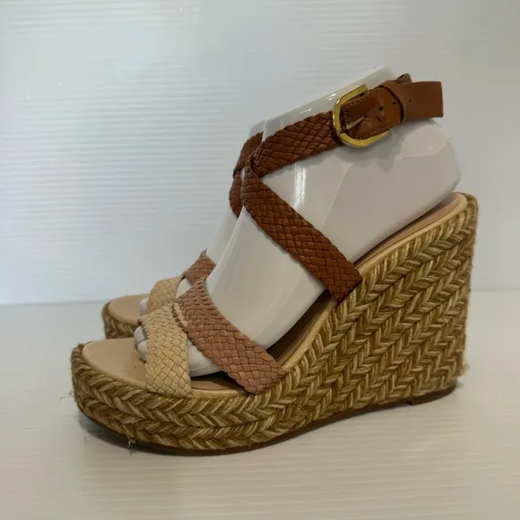 Stuart Weitzman Elsie Tan Leather Espadrille Wedge Sandals Size 8