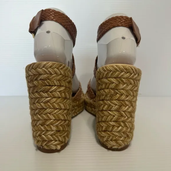 Stuart Weitzman Elsie Tan Leather Espadrille Wedge Sandals Size 8