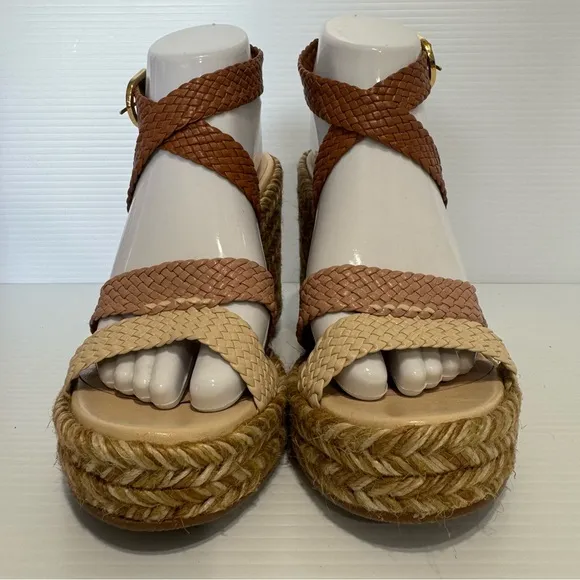 Stuart Weitzman Elsie Tan Leather Espadrille Wedge Sandals Size 8