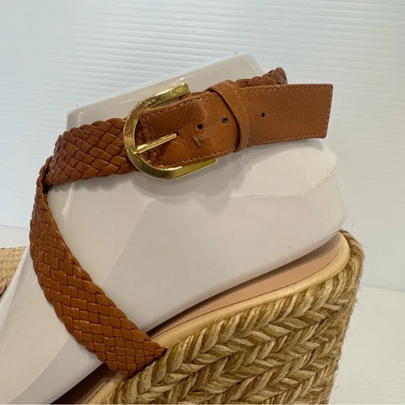 Stuart Weitzman Elsie Tan Leather Espadrille Wedge Sandals Size 8