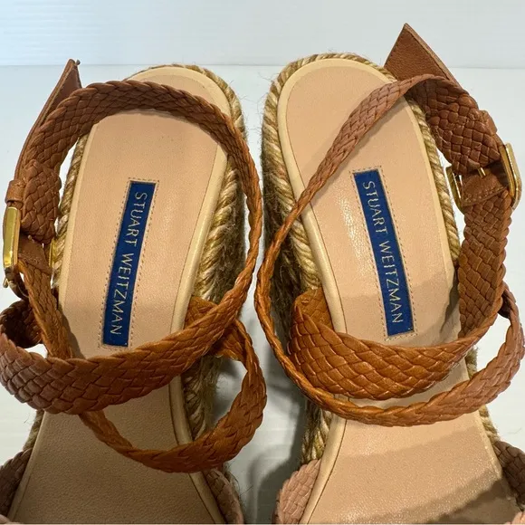 Stuart Weitzman Elsie Tan Leather Espadrille Wedge Sandals Size 8