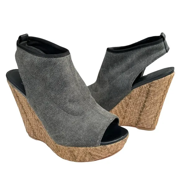 Stuart Weitzman Glover Stretch Wedge Denim Grey Sandals Women’s Size 8