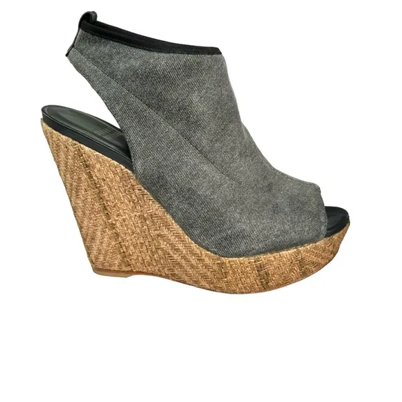 Stuart Weitzman Glover Stretch Wedge Denim Grey Sandals Women’s Size 8