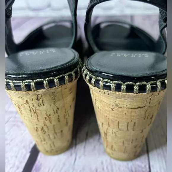Stuart Weitzman Jean Classic Patent Leather Slingback Wedge Sandals Black Size 9