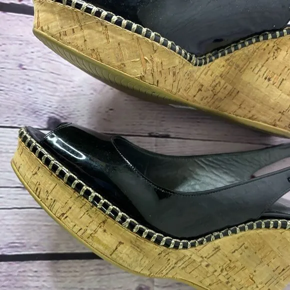 Stuart Weitzman Jean Classic Patent Leather Slingback Wedge Sandals Black Size 9