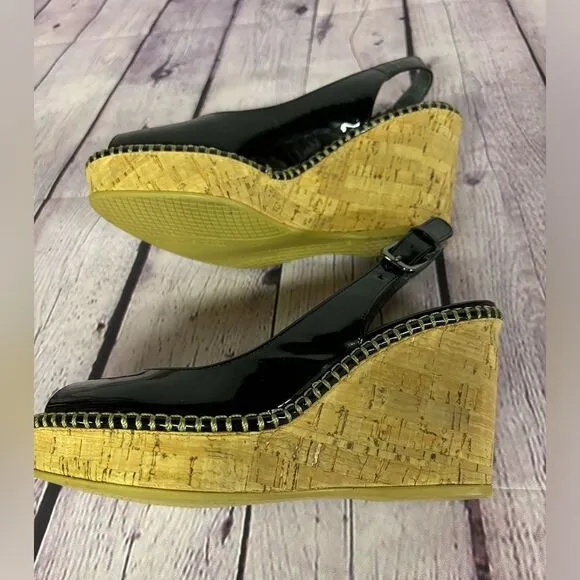 Stuart Weitzman Jean Classic Patent Leather Slingback Wedge Sandals Black Size 9