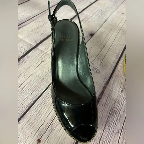 Stuart Weitzman Jean Classic Patent Leather Slingback Wedge Sandals Black Size 9