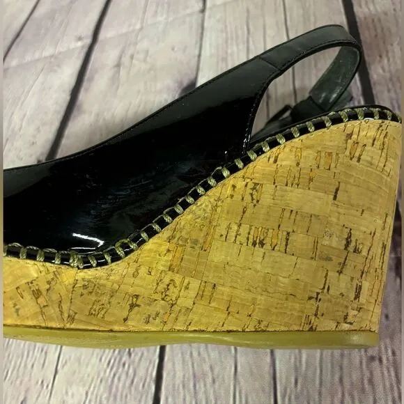 Stuart Weitzman Jean Classic Patent Leather Slingback Wedge Sandals Black Size 9