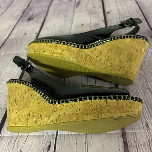 Stuart Weitzman Jean Classic Patent Leather Slingback Wedge Sandals Black Size 9