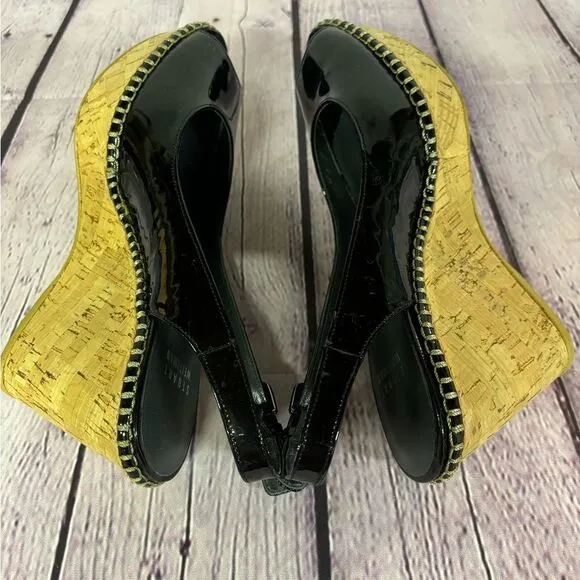 Stuart Weitzman Jean Classic Patent Leather Slingback Wedge Sandals Black Size 9