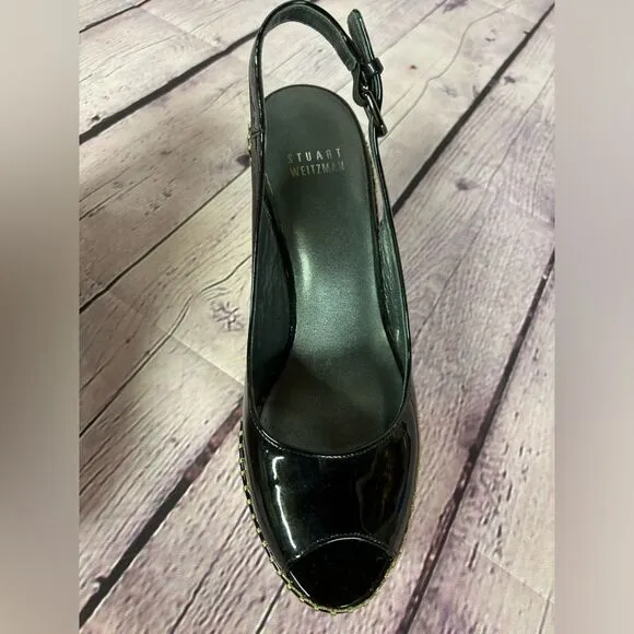 Stuart Weitzman Jean Classic Patent Leather Slingback Wedge Sandals Black Size 9