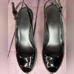 Stuart Weitzman Jean Classic Patent Leather Slingback Wedge Sandals Black Size 9