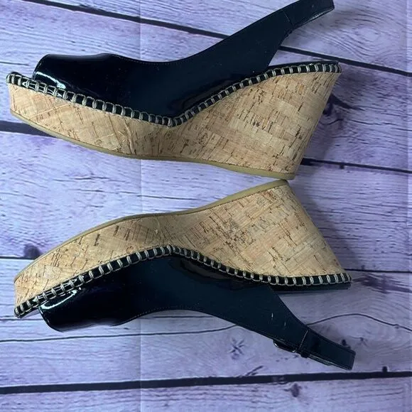 Stuart Weitzman Jean Classic Patent Leather Slingback Wedge Sandals Black Size 9