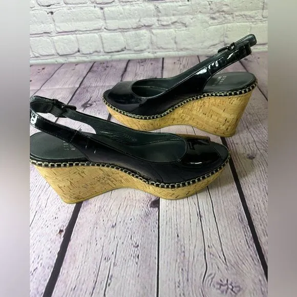 Stuart Weitzman Jean Classic Patent Leather Slingback Wedge Sandals Black Size 9