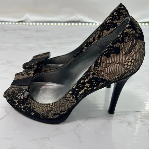 Stuart Weitzman Lace Peep Toe Platform Heels SHOES