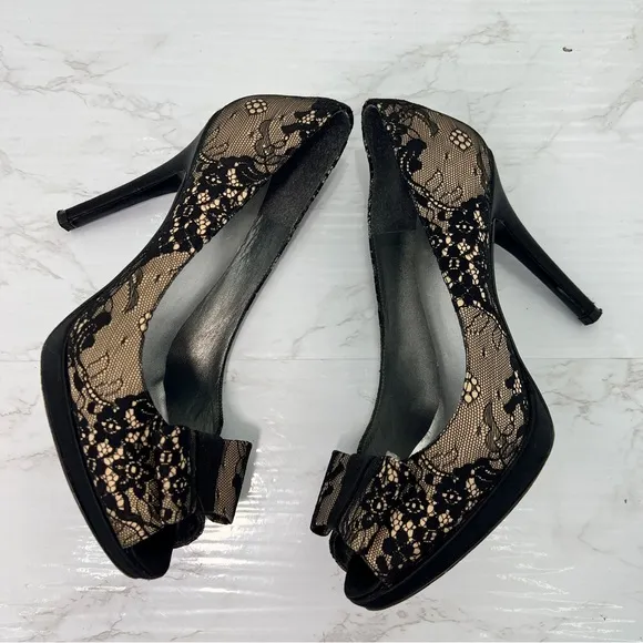 Stuart Weitzman Lace Peep Toe Platform Heels SHOES