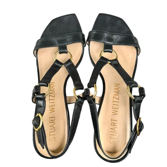 Stuart Weitzman Lalita Harness Leather Block Heel Black Sandals Women’s