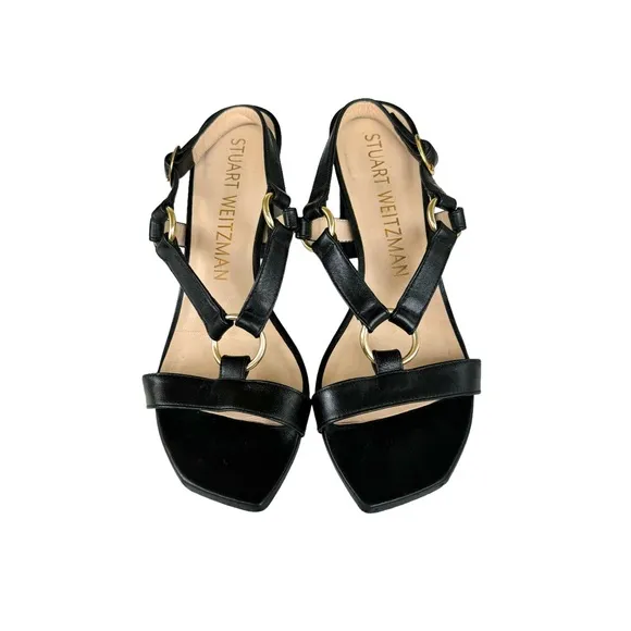 Stuart Weitzman Lalita Harness Leather Block Heel Black Sandals Women’s