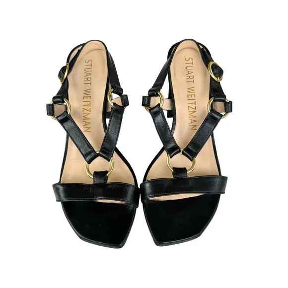 Stuart Weitzman Lalita Harness Leather Block Heel Black Sandals Women’s