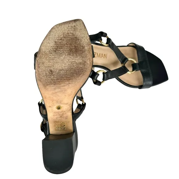 Stuart Weitzman Lalita Harness Leather Block Heel Black Sandals Women’s