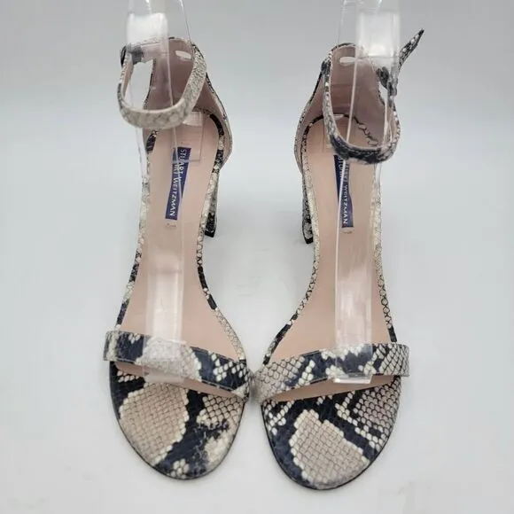 Stuart Weitzman Nearlynude Block-Heel Python-Embossed Leather Sandals US 8