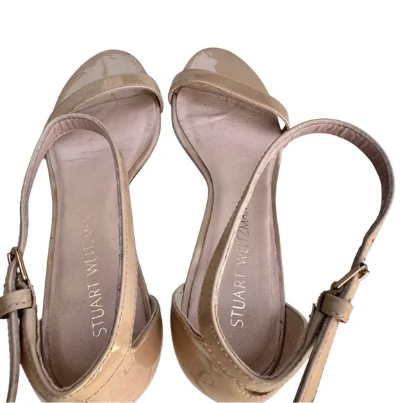 Stuart Weitzman Nearlynude Patent Leather Sandals Block Heel Women’s