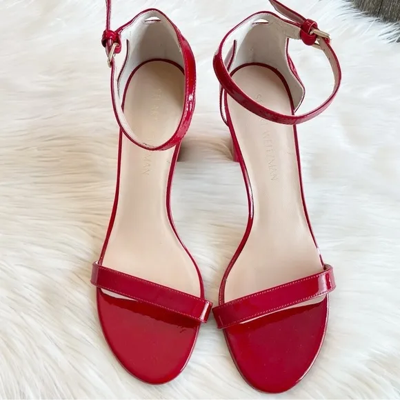 Stuart Weitzman Nearlynude Patent Leather Strappy Heeled Sandals *New with flaw*