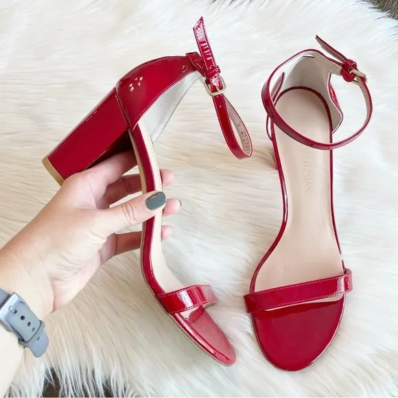Stuart Weitzman Nearlynude Patent Leather Strappy Heeled Sandals *New with flaw*