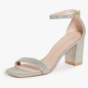 Stuart Weitzman Nudistcurve 75 Glitter Platino Block Heel Sandals Size 9