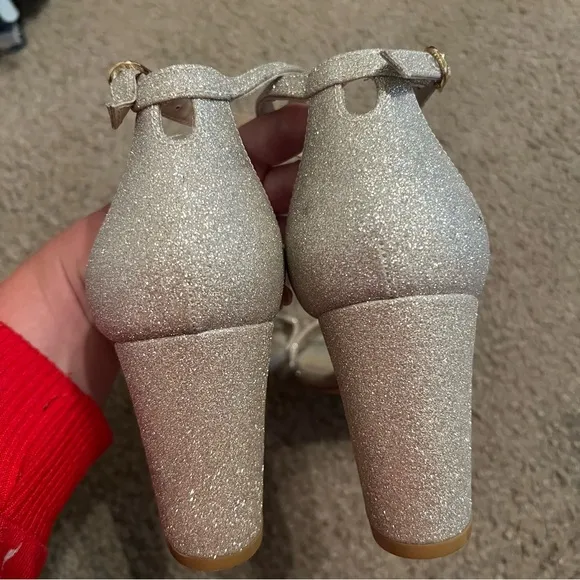 Stuart Weitzman Nudistcurve 75 Glitter Platino Block Heel Sandals Size 9