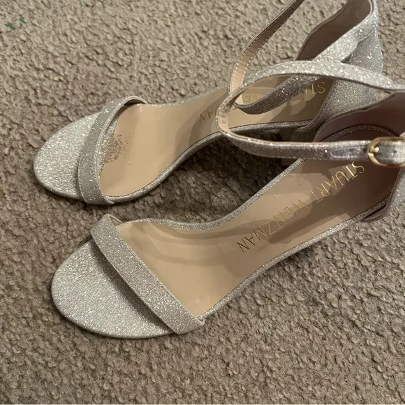 Stuart Weitzman Nudistcurve 75 Glitter Platino Block Heel Sandals Size 9