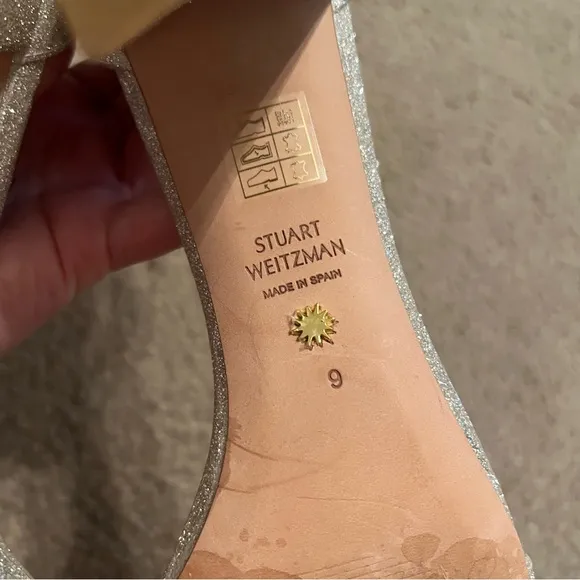 Stuart Weitzman Nudistcurve 75 Glitter Platino Block Heel Sandals Size 9